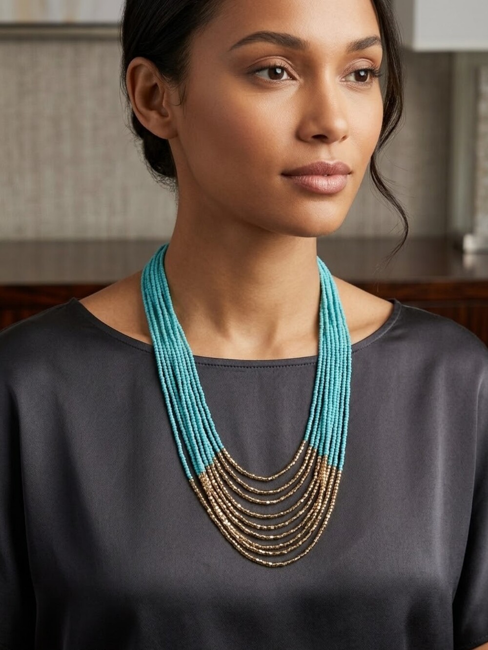Multi STRAND TURQUOISE AND GOLD TONE LONG NECKLACE